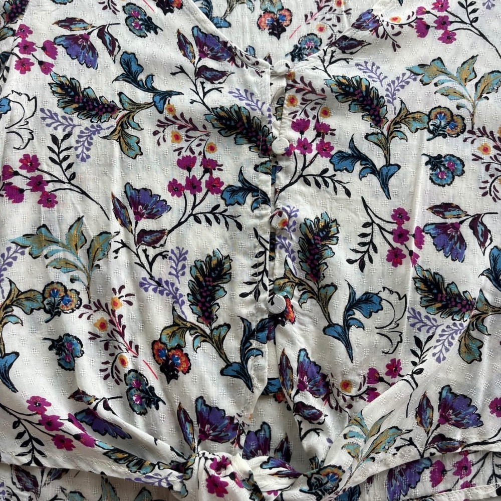 ONE Clothing LA Women's XS Cream Pink Floral Tie Front Short Sleeves Crop Blouse - Picture 7 of 16